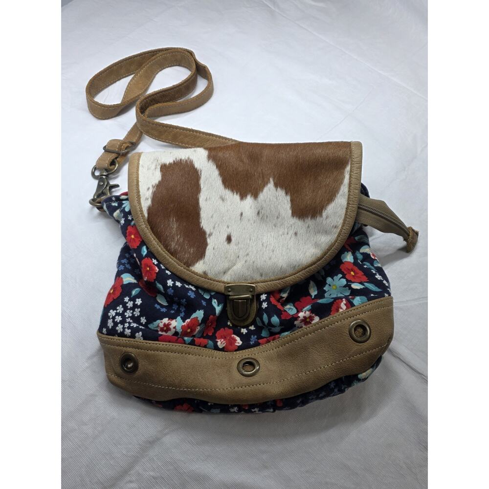 Myra Crossbody HairOn Hide Leather Blue Red Floral Bag Slouchy Canvas Cow
